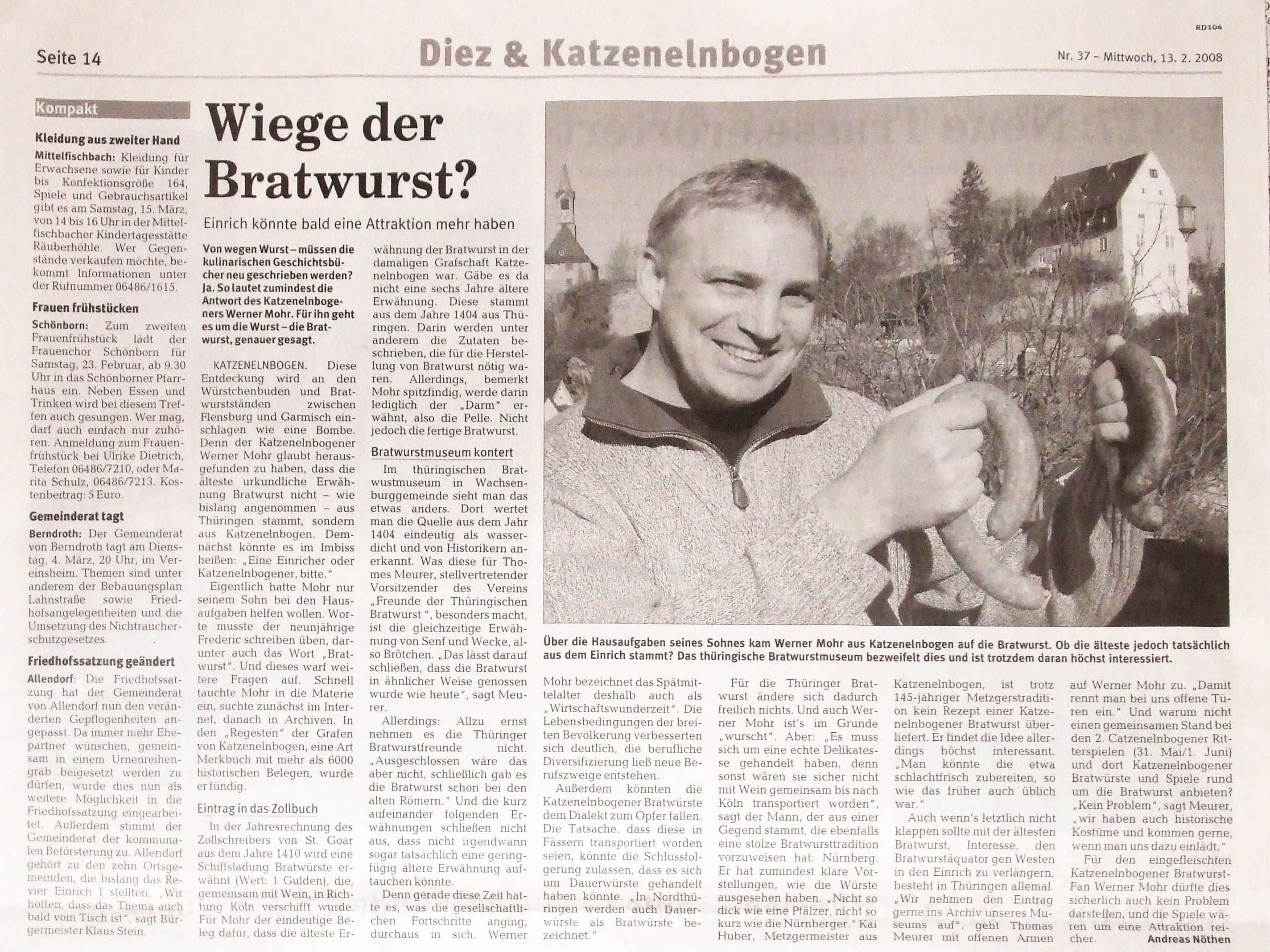 Ausgabe der Rhein-Lahn-Zeitung mit dem Artikel über Werner Mohr mit katzenelnbogener Bratwürsten - zu Vergrößerung benutzen sie die Tastenkombination Strg+